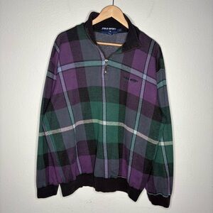Vintage Polo Ralph Lauren Sport Sweatshirt 1/4 Zip Plaid Tartan 90s Spell Out